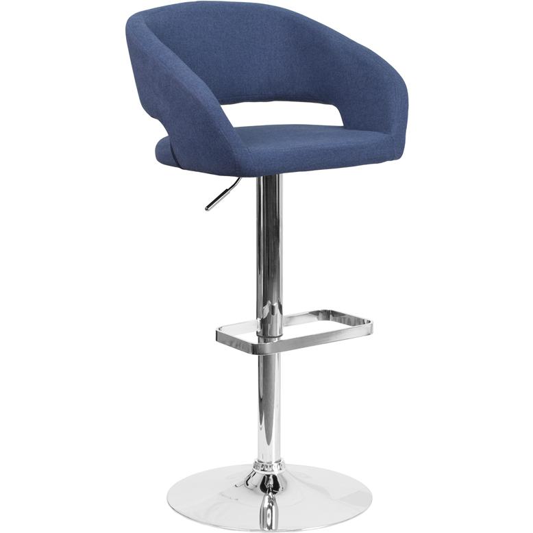 Blue Fabric Adjustable Height Barstool with Rounded Mid-Back and Chrome Base