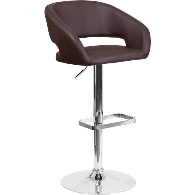 Brown Vinyl Adjustable Height Barstool with Rounded Mid-Back and Chrome Base