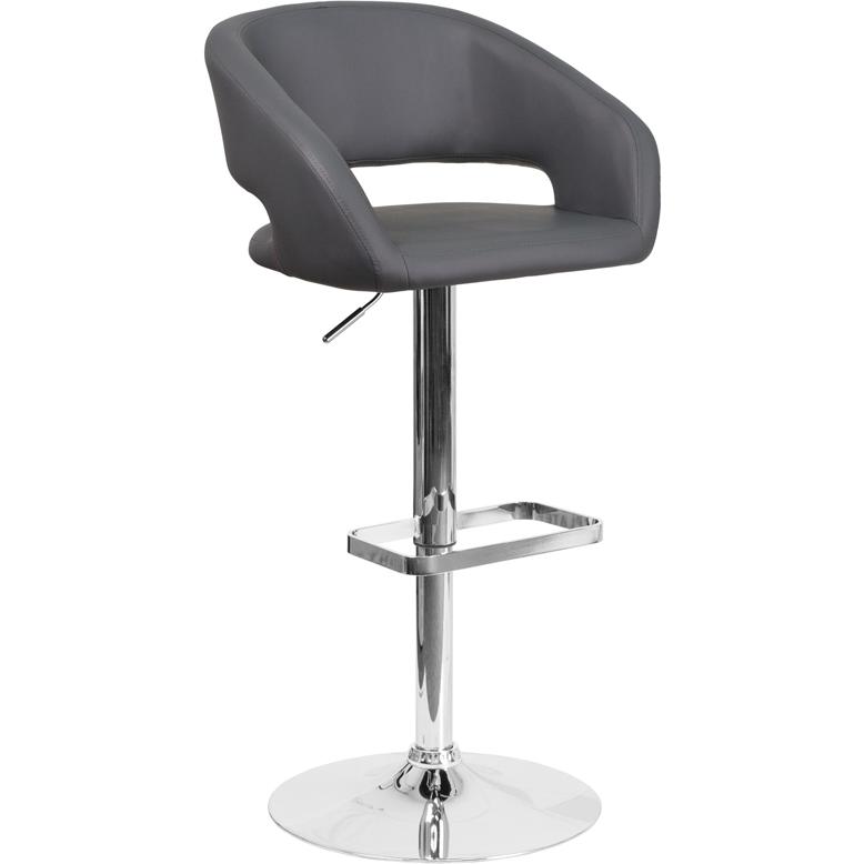 Gray Vinyl Adjustable Height Barstool with Rounded Mid-Back and Chrome Base