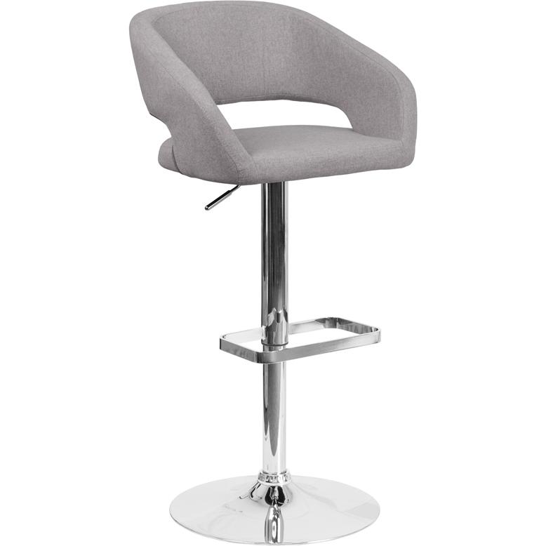 Gray Fabric Adjustable Height Barstool with Rounded Mid-Back and Chrome Base