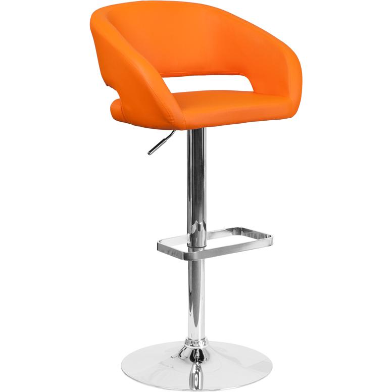 Orange Vinyl Adjustable Height Barstool with Rounded Mid-Back and Chrome Base