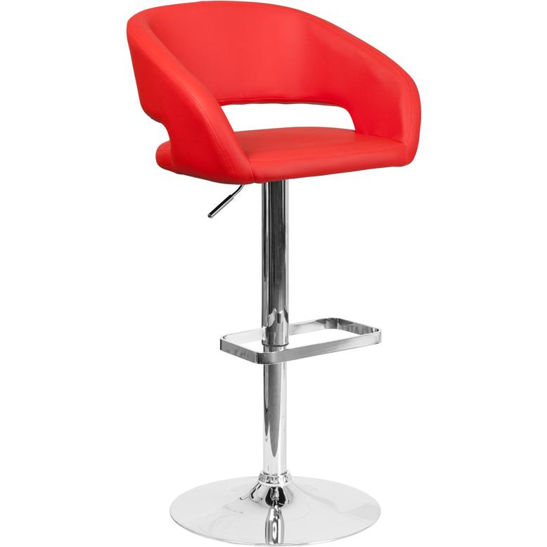 Red Vinyl Adjustable Height Barstool with Rounded Mid-Back and Chrome Base