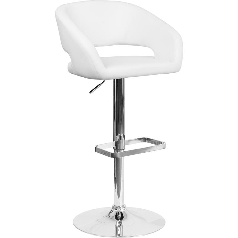 White Vinyl Adjustable Height Barstool with Rounded Mid-Back and Chrome Base