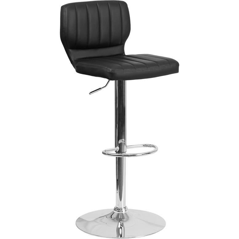 Black Vinyl Adjustable Height Barstool with Vertical Stitch Back and Chrome Base