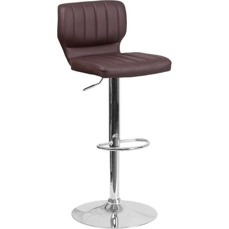 Brown Vinyl Adjustable Height Barstool with Vertical Stitch Back and Chrome Base