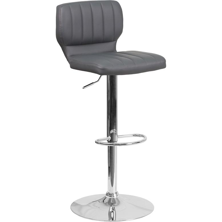 Gray Vinyl Adjustable Height Barstool with Vertical Stitch Back and Chrome Base