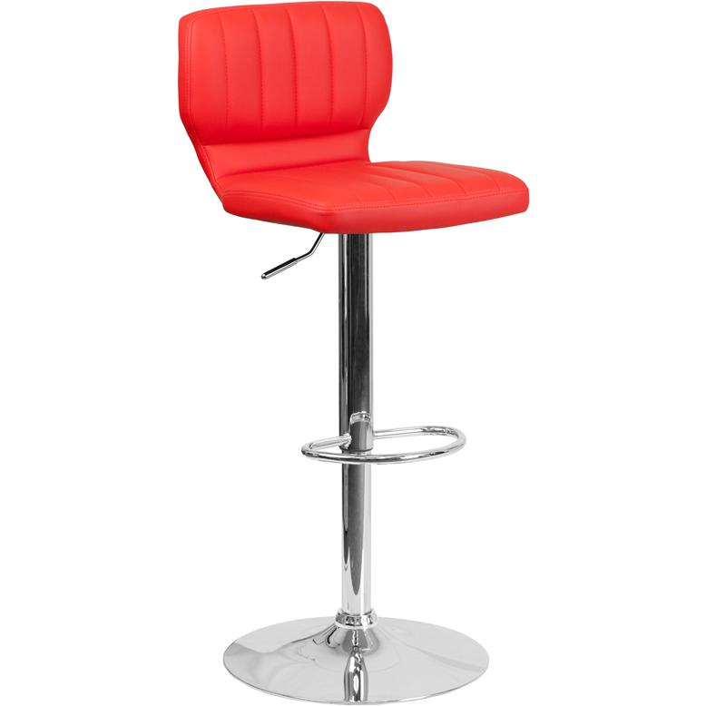 Red Vinyl Adjustable Height Barstool with Vertical Stitch Back and Chrome Base