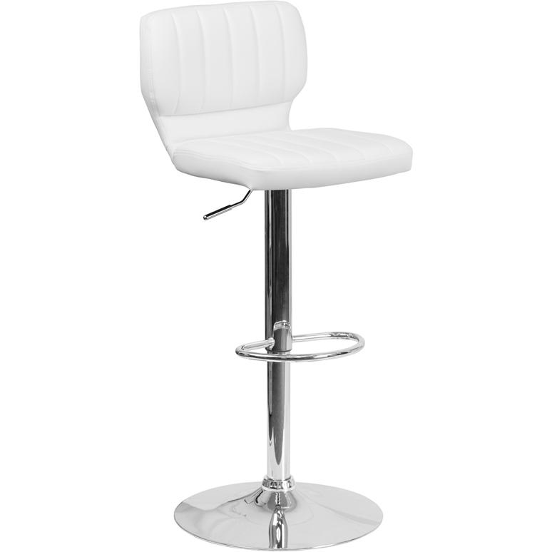 White Vinyl Adjustable Height Barstool with Vertical Stitch Back and Chrome Base