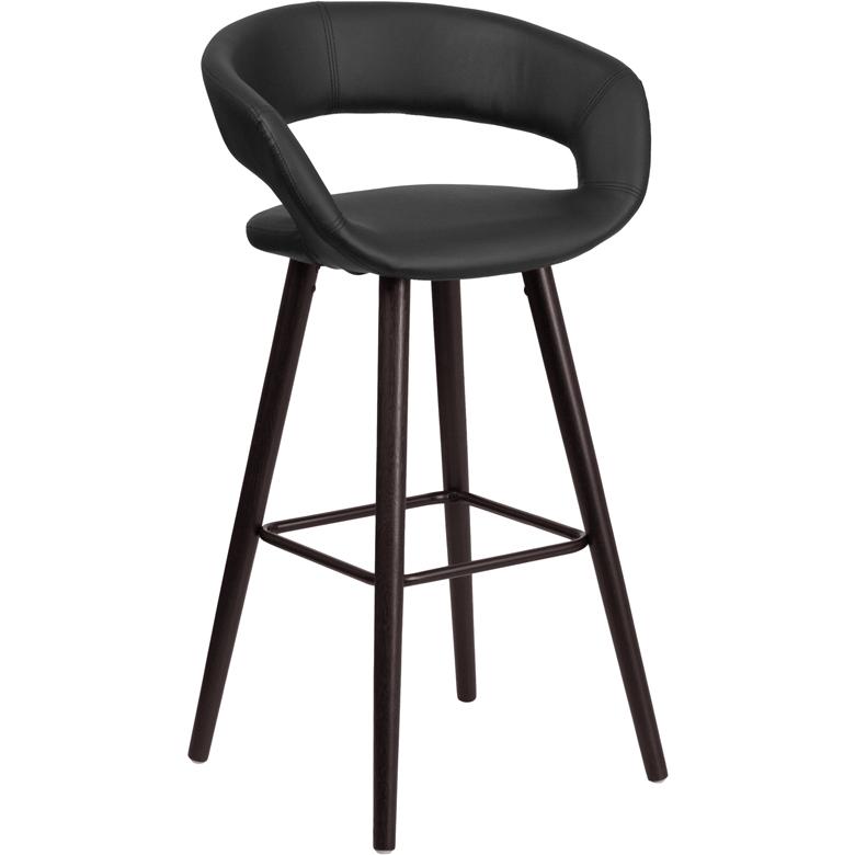 29'' High Contemporary Cappuccino Wood Barstool in Black Vinyl