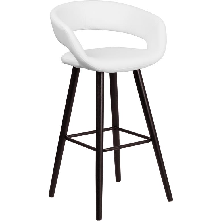 29'' High Contemporary Cappuccino Wood Barstool in White Vinyl