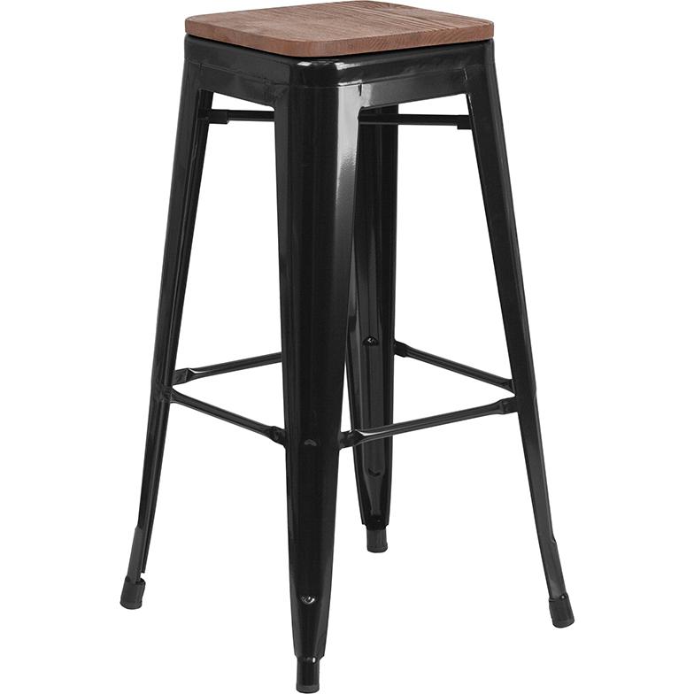 30" High Backless Black Metal Barstool with Square Wood Seat