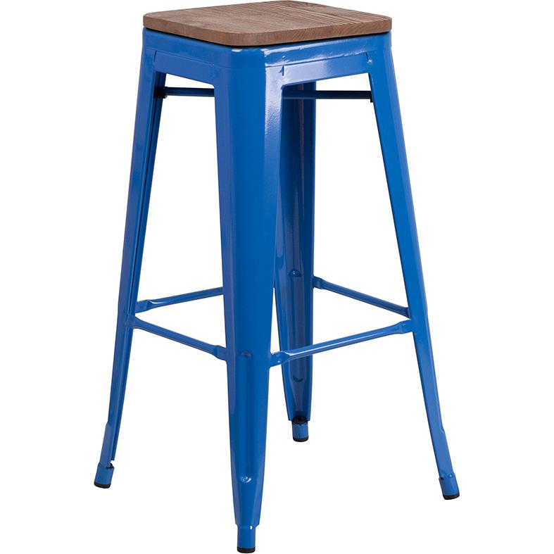 30" High Backless Blue Metal Barstool with Square Wood Seat