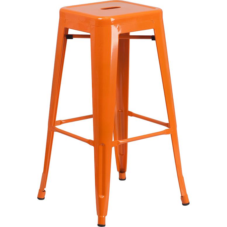 30" High Backless Orange Metal Indoor-Outdoor Barstool with Square Seat