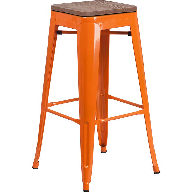 30" High Backless Orange Metal Barstool with Square Wood Seat