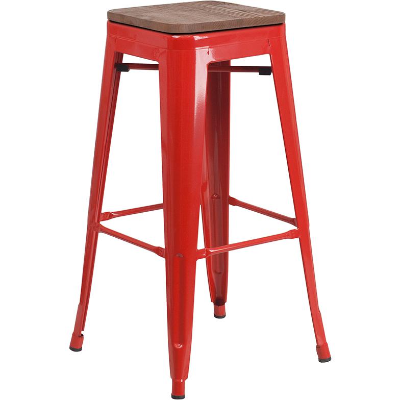 30" High Backless Red Metal Barstool with Square Wood Seat