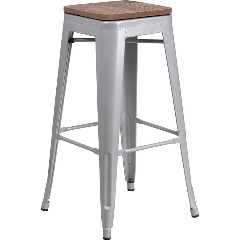 30" High Backless Silver Metal Barstool with Square Wood Seat