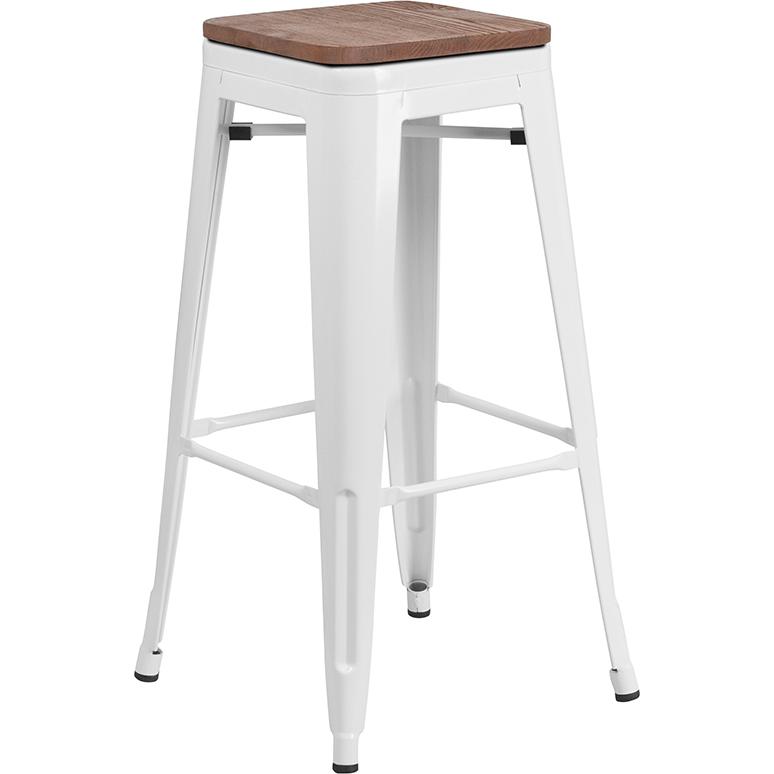 30" High Backless White Metal Barstool with Square Wood Seat