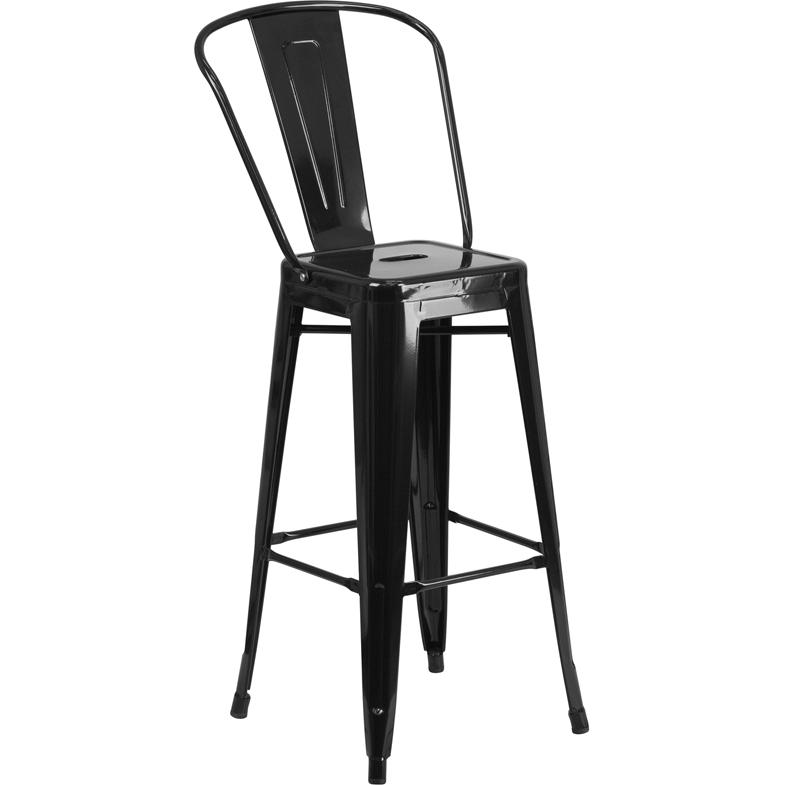 30" High Black Metal Indoor-Outdoor Barstool with Removable Back