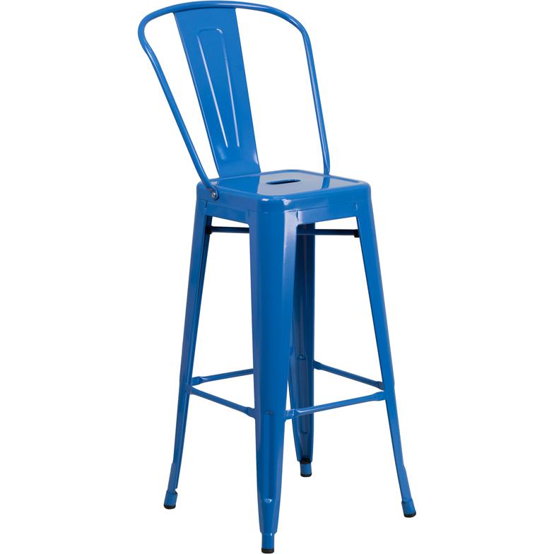 30" High Blue Metal Indoor-Outdoor Barstool with Removable Back