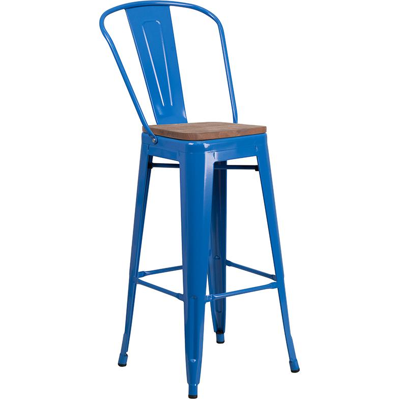 30" High Blue Metal Barstool with Back and Wood Seat