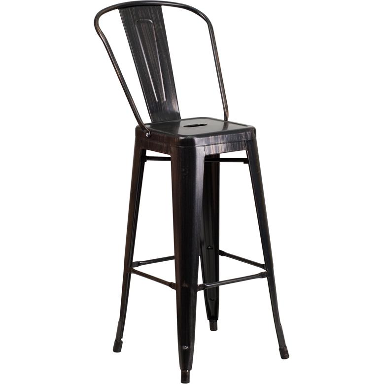 30" High Black-Antique Gold Metal Indoor-Outdoor Barstool with Removable Back