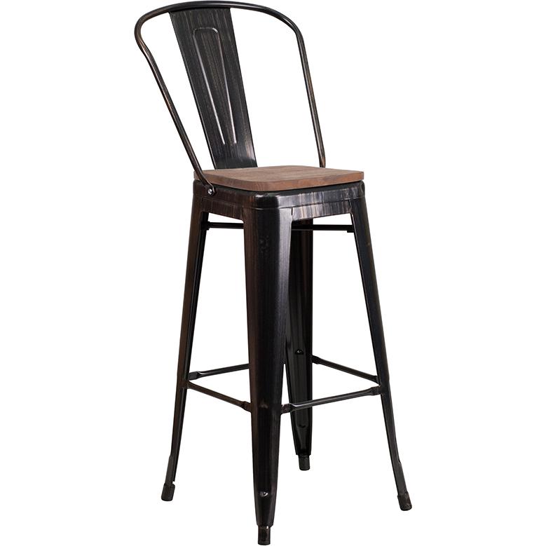 30" High Black-Antique Gold Metal Barstool with Back and Wood Seat