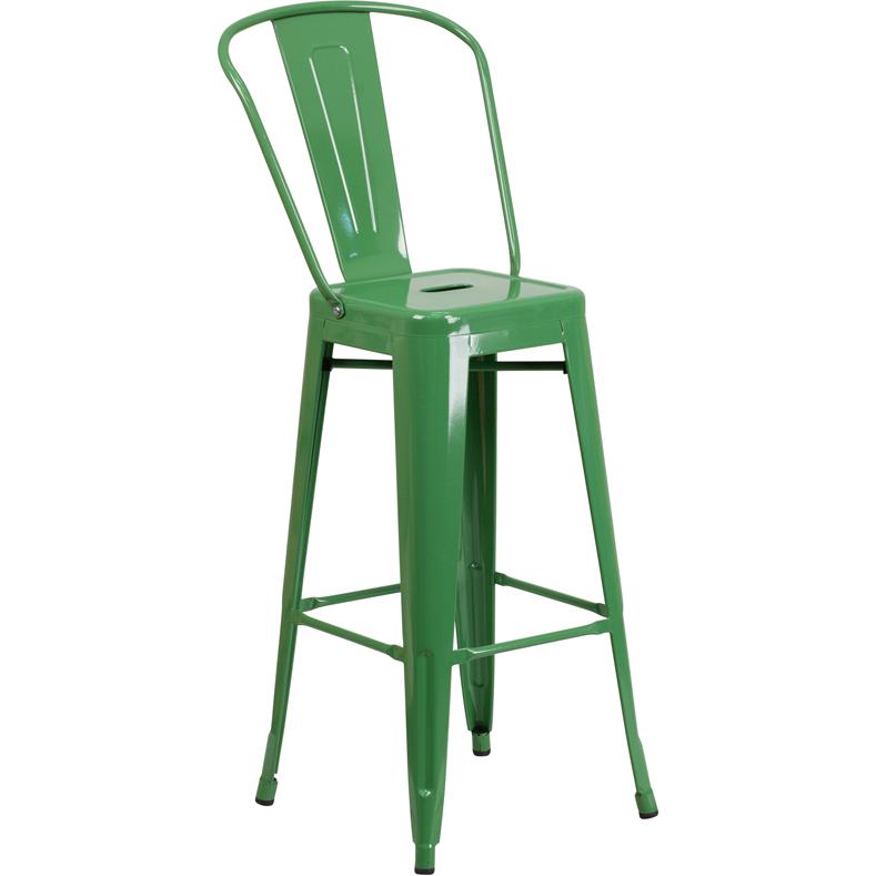 30" High Green Metal Indoor-Outdoor Barstool with Removable Back