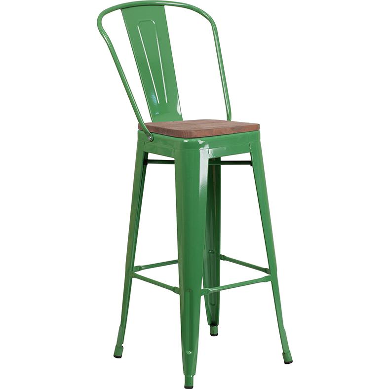 30" High Green Metal Barstool with Back and Wood Seat