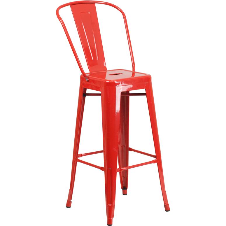 30" High Red Metal Indoor-Outdoor Barstool with Removable Back