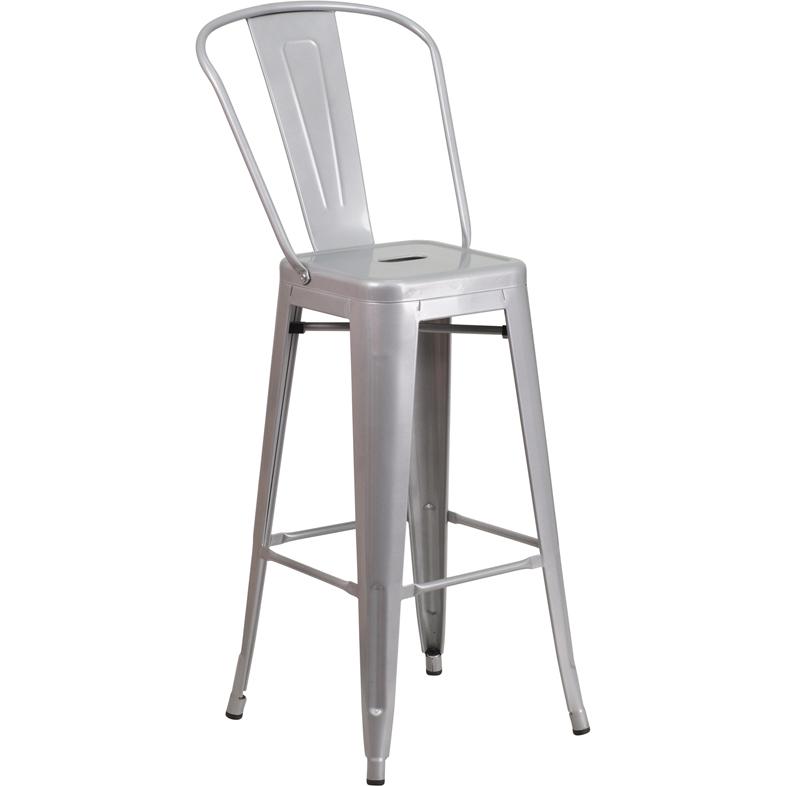 30" High Silver Metal Indoor-Outdoor Barstool with Removable Back