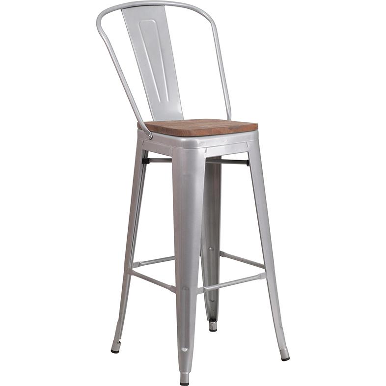 30" High Silver Metal Barstool with Back and Wood Seat