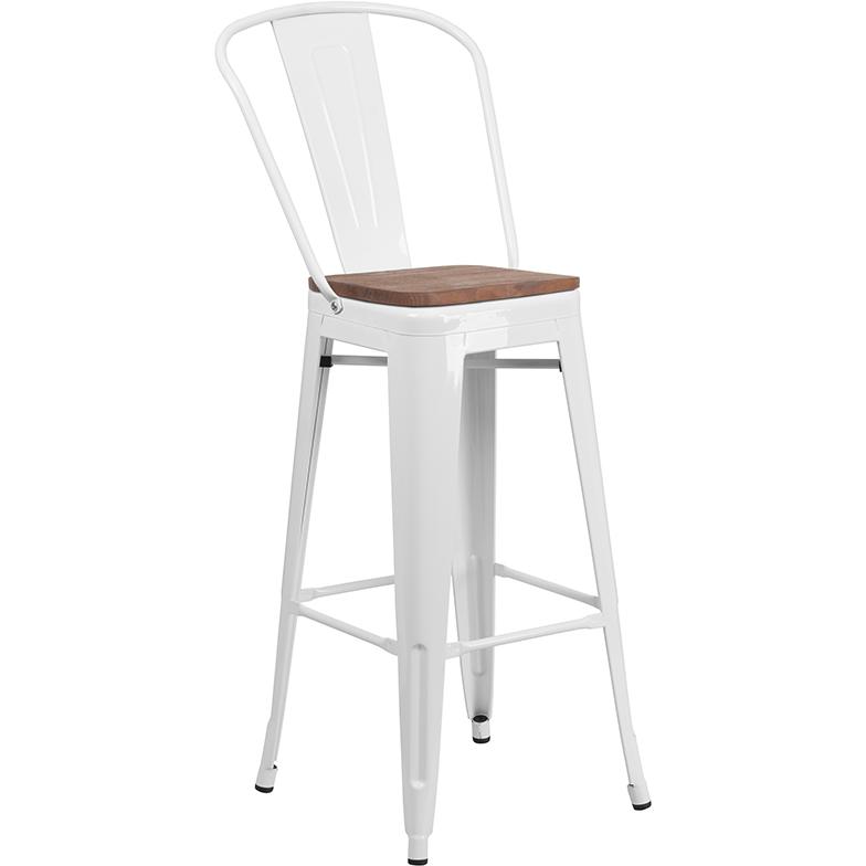 30" High White Metal Barstool with Back and Wood Seat