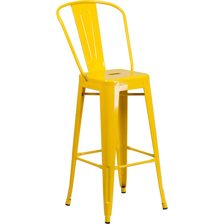 30" High Yellow Metal Indoor-Outdoor Barstool with Removable Back