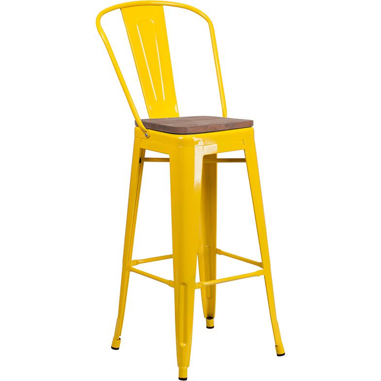 30" High Yellow Metal Barstool with Back and Wood Seat