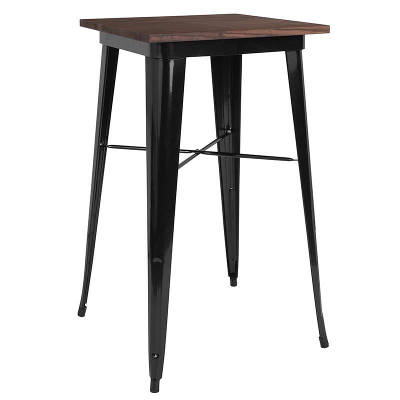 23.5" Square Black Metal Indoor Bar Height Table with Walnut Rustic Wood Top