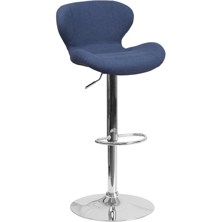 Blue Fabric Adjustable Height Barstool with Curved Back and Chrome Base