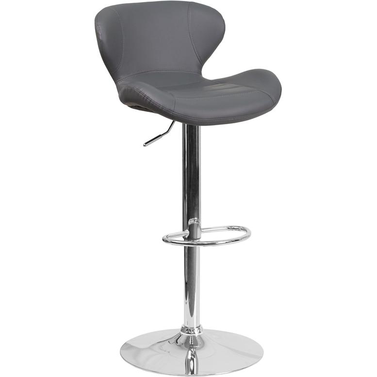 Gray Vinyl Adjustable Height Barstool with Curved Back and Chrome Base