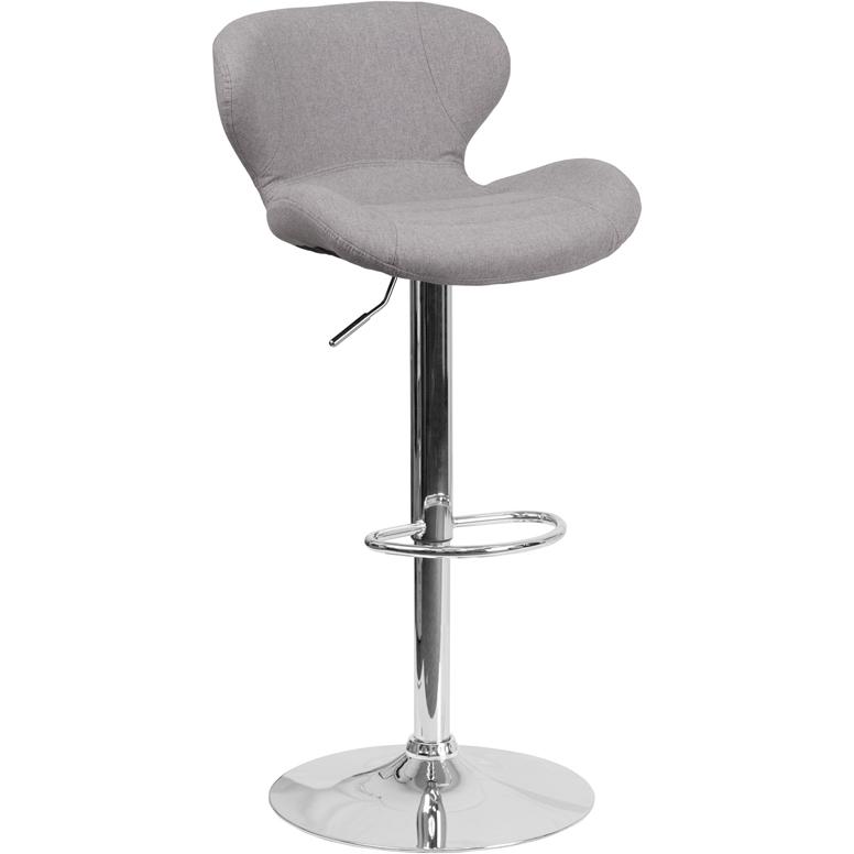 Gray Fabric Adjustable Height Barstool with Curved Back and Chrome Base