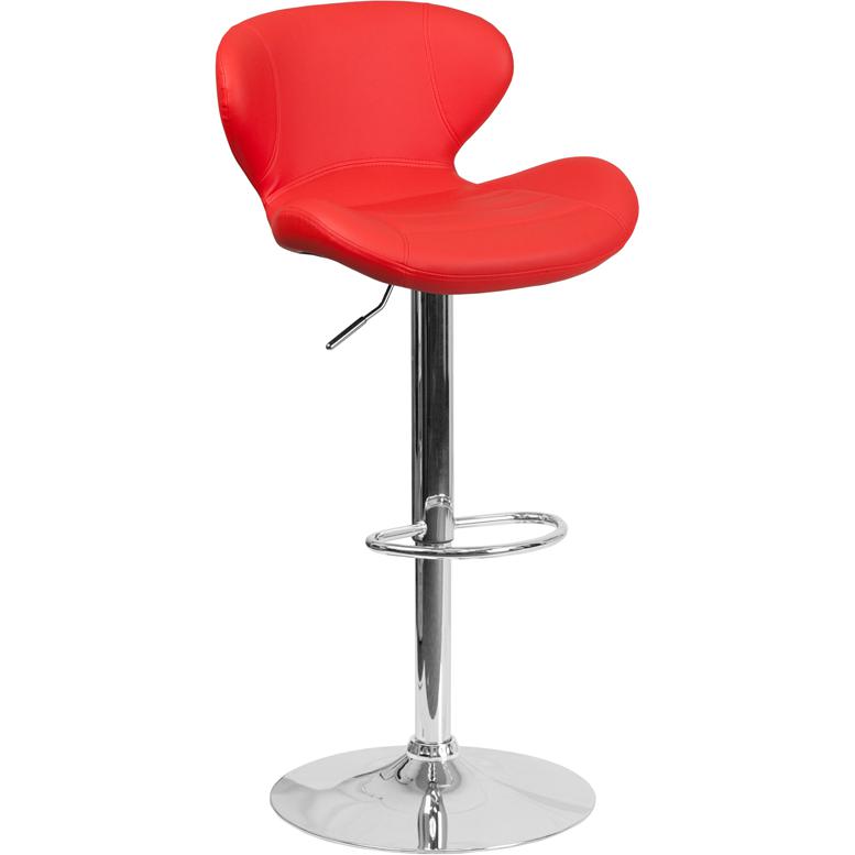 Red Vinyl Adjustable Height Barstool with Curved Back and Chrome Base