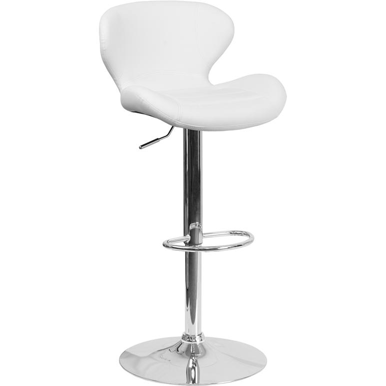 White Vinyl Adjustable Height Barstool with Curved Back and Chrome Base