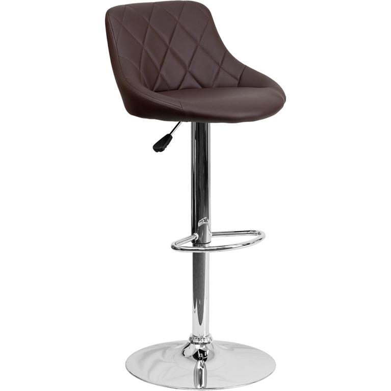 Brown Vinyl Bucket Seat Barstool with Diamond Pattern Back and Chrome Base