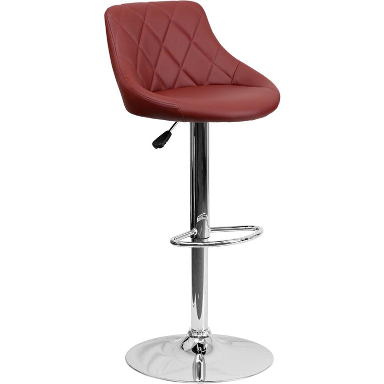 Burgundy Vinyl Bucket Seat Barstool with Diamond Pattern Back and Chrome Base