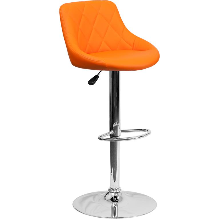 Orange Vinyl Bucket Seat Barstool with Diamond Pattern Back and Chrome Base