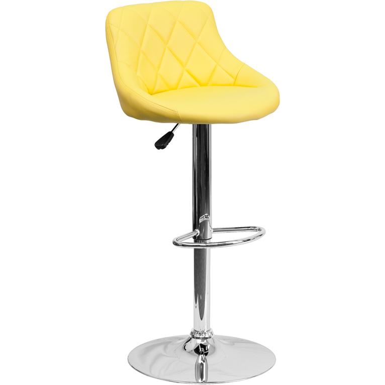 Yellow Vinyl Bucket Seat Barstool with Diamond Pattern Back and Chrome Base