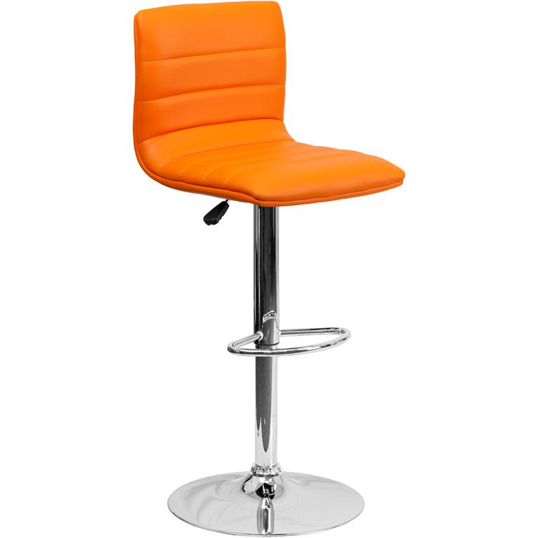 Orange Vinyl Adjustable Bar Stool, Swivel Stool with Chrome Pedestal Base