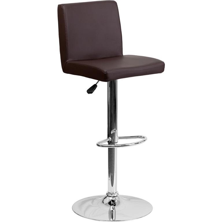 Brown Vinyl Adjustable Height Barstool with Panel Back and Chrome Base