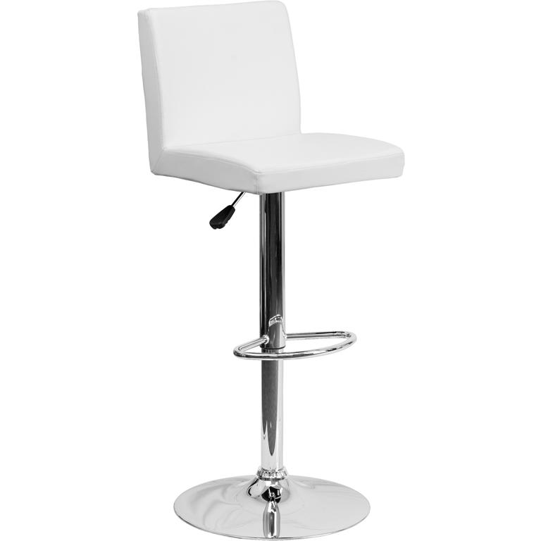 White Vinyl Adjustable Height Barstool with Panel Back and Chrome Base