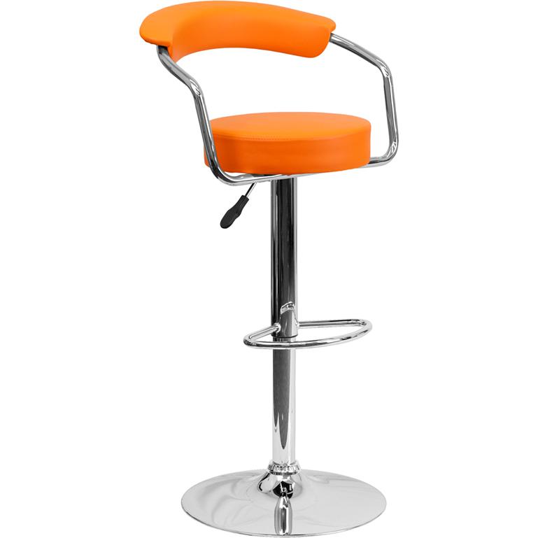 Contemporary Orange Vinyl Adjustable Height Barstool with Arms and Chrome Base