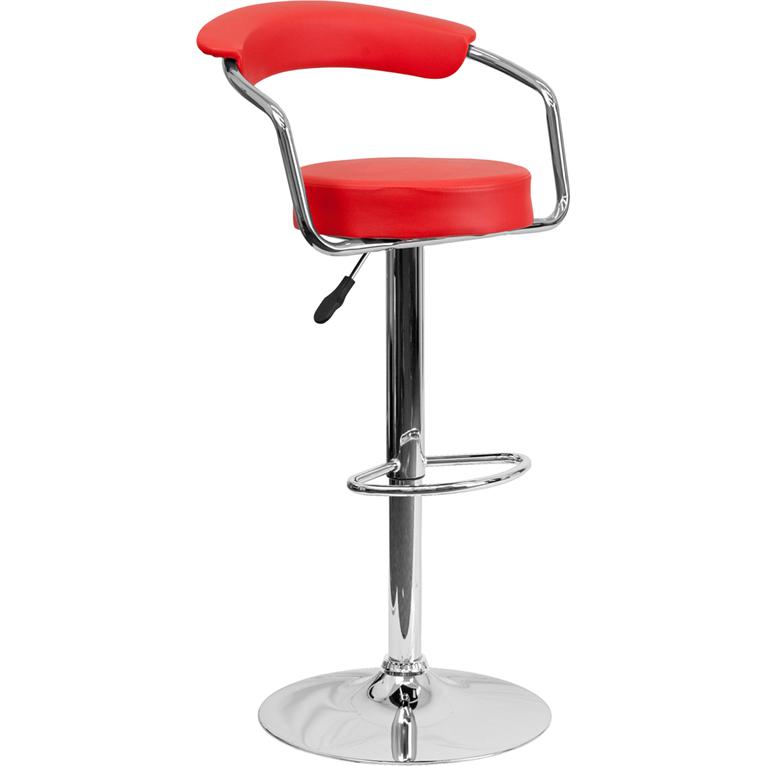 Contemporary Red Vinyl Adjustable Height Barstool with Arms and Chrome Base