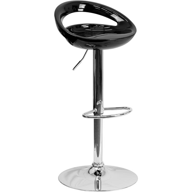 Black Plastic Barstool with Rounded Cutout Back and Chrome Base